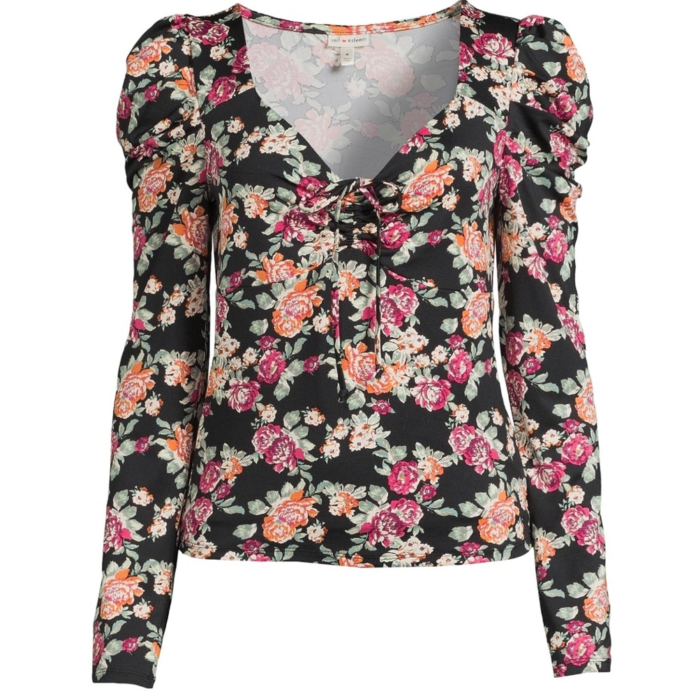 🌴Women’s Self Esteem V Neck Cinch Front Puffed Shoulder Long Sleeve Shirt - Picture 4 of 11